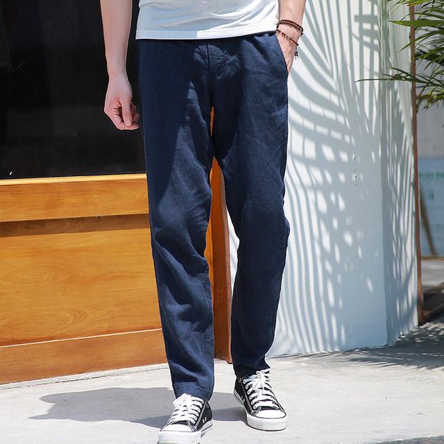 Tide brand pure linen pants men's summer thin section retro cotton and linen nine-point pants Chinese style casual trousers men's loose trend