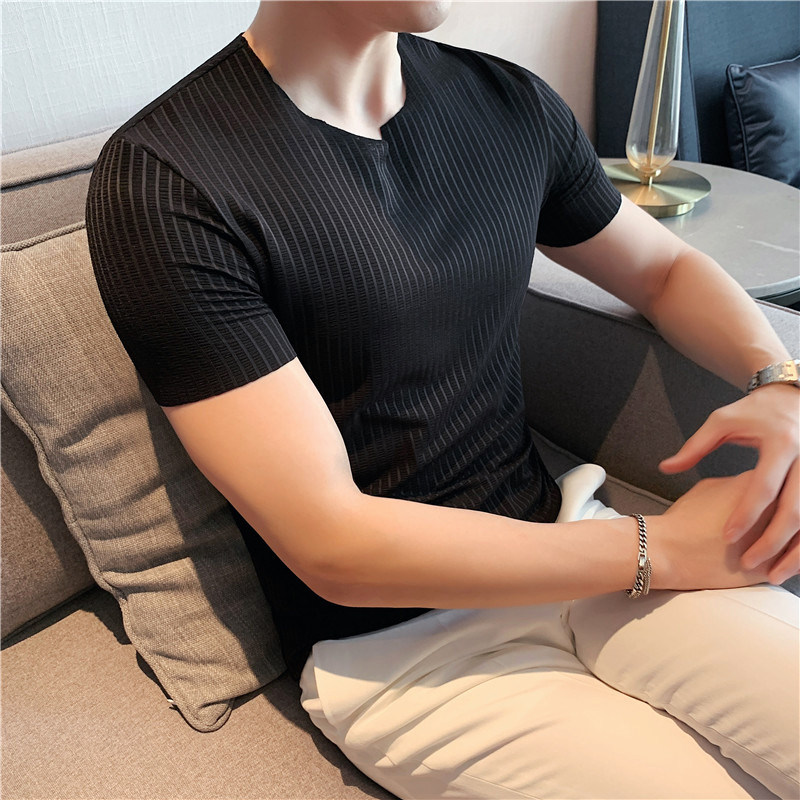 Summer thin ice wire short sleeve T-shirt men without trace elastic hollow collar body shirt pure tide tops