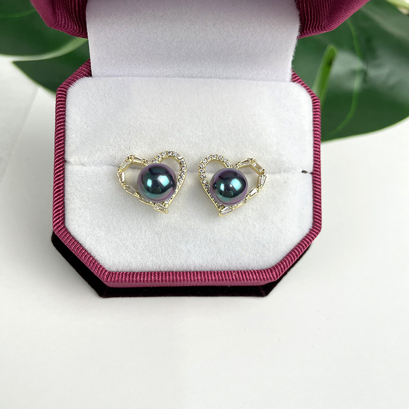 Micro-inlaid caring section 925 silver shell bead ear needle fashion natural mother bay imitation pearl chicken heart ear ring white purple