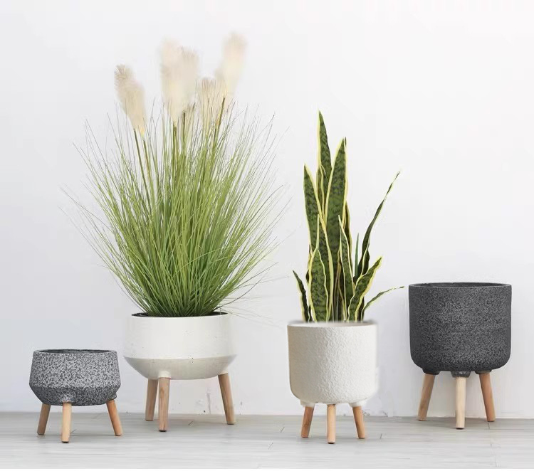 Nordic wind landing imitation stone minimalist cement flower pot with wood-footed dragon shall be tree lemon tree tiger piranon leaf banyan flower pot-Taobao