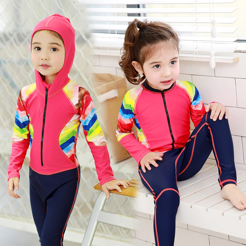 Korean children's swimsuit girls one-piece long sleeves long pants sunscreen quick-drying children's hooded little girl wetsuit