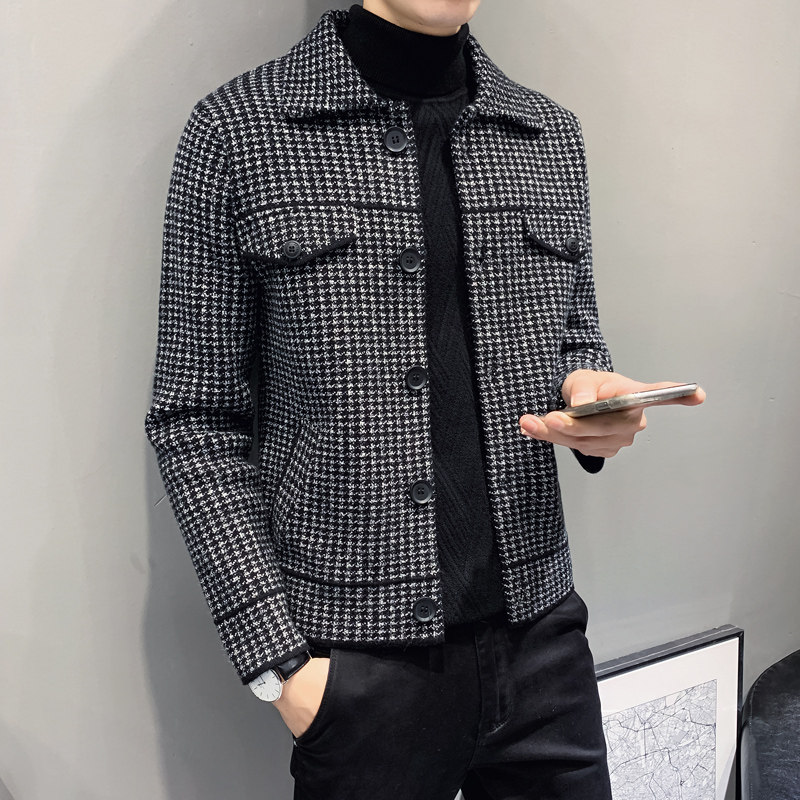 Hairy coat men's short plaid slim style trend Korean version of woolen cloth English style spring and autumn bird bird grid jacket ls