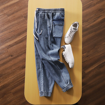 Designer cow goods three-dimensional large pocket mens micro-bullet washed feet casual jeans tie T2985