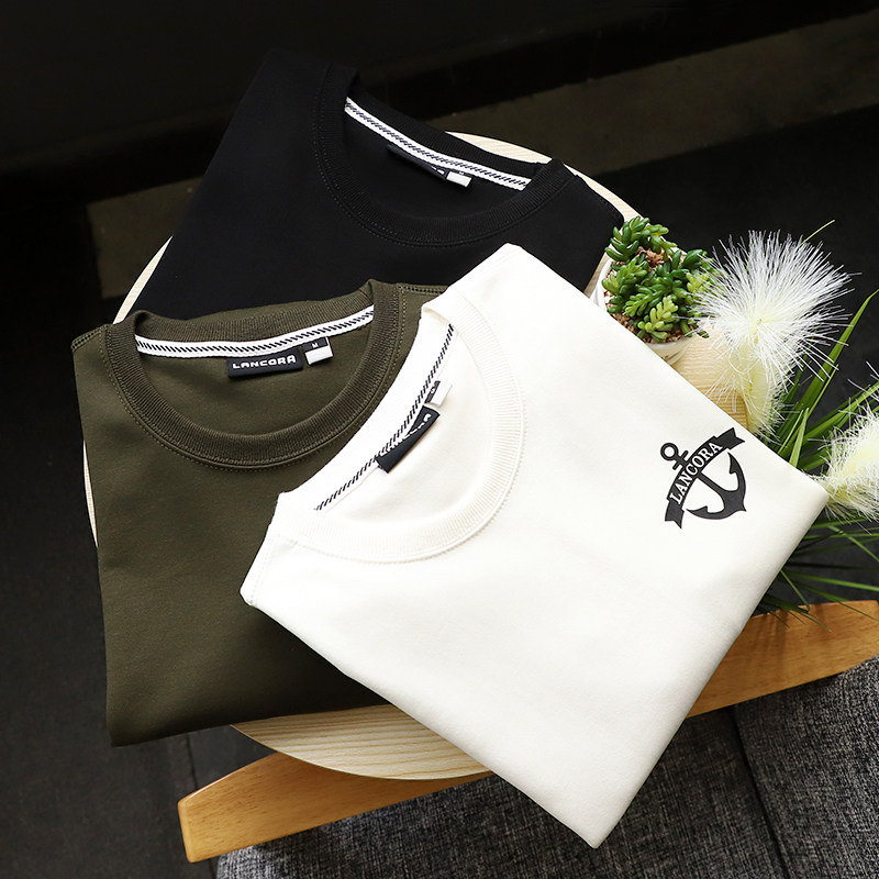 T2004 washed without deforming and textured bifacial flat grain autumn winter men's pure cotton round neckline bottom long sleeve T-shirt