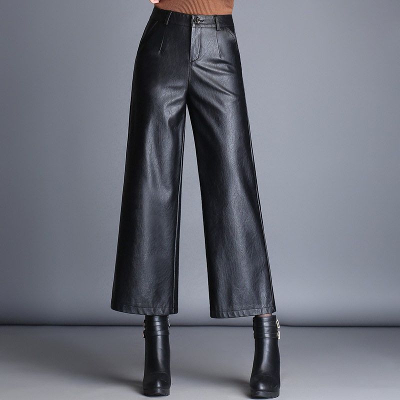 2025 New Style Pu Leather Cropped Pants for Autumn and Winter, Loose Fit, Plus Size, Slimming Long Pants, Korean Style Wide-Leg Pants for Women, High-Waisted