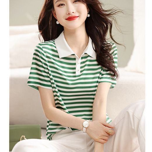 Versatile French Retro Loose Striped P&Olo Women's Top, Casual Short-Sleeve Simple Summer T-Shirt New Style