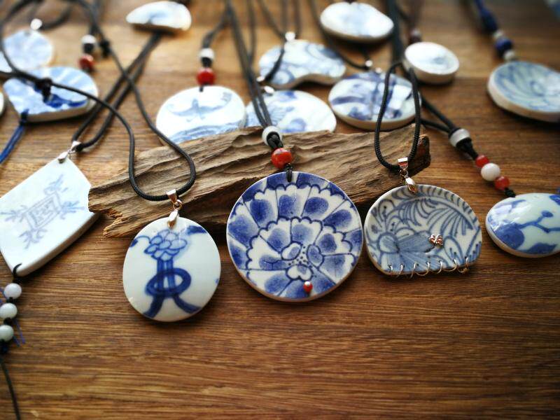 Minqing Qingqing Flower Ancient China Porcelain Old Porcelain Necklace Pendant Sweater Necklace With Classical Hanfu Qipao Bird and Flowers Fragrant and Fragrant Flowers