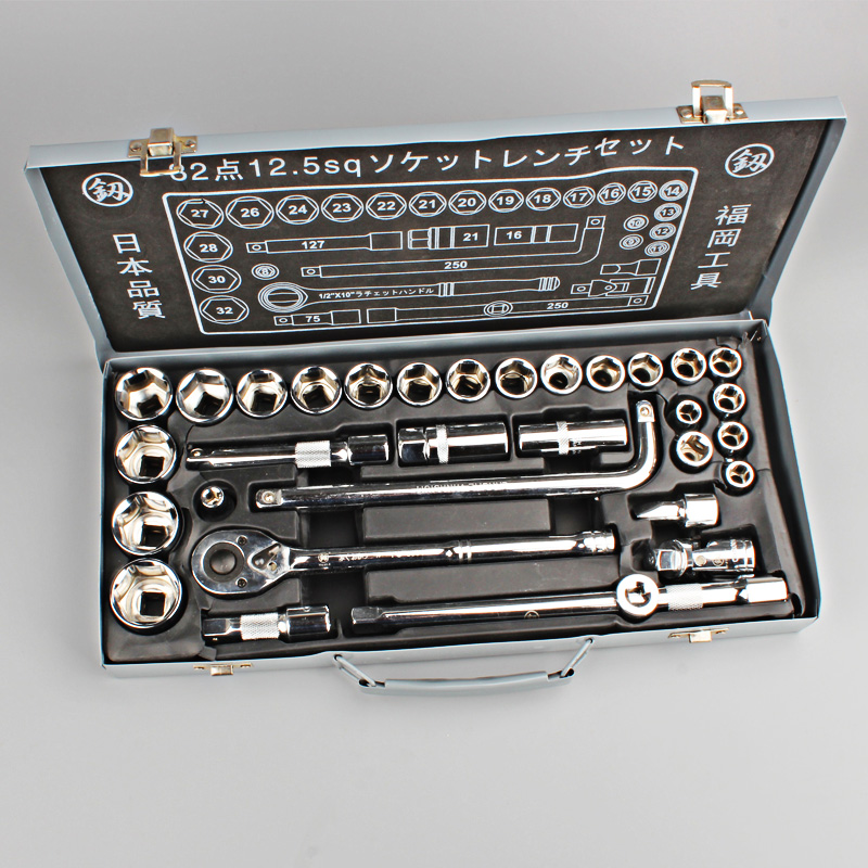 Fukuoka 1 2 metric sleeve set of sleeves 32 pieces of manual machine repair ratchet wrench tool iron case combination FO-9001