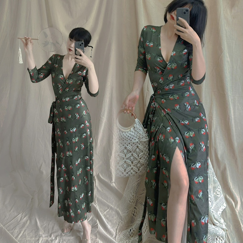New Summer Wrap Dress, French Romantic Print, Long Dress, Slim Fit, Tea Break Dress for Women, One-Piece, Slightly Plump Figure