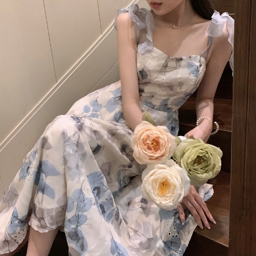  XL [Tea Buck Skirt/French Placken/Chiffon/Flower]+Grey blue  