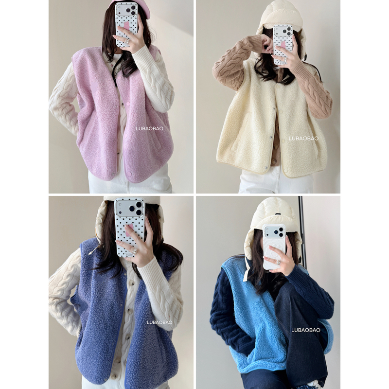 Lubaby [Colorful Warm Fleece] Warm and Comfortable ~ Niche American Retro Fleece Loose Vest