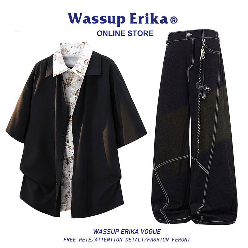 Wassup Erika Retro Fake Two-Piece Shirt Casual Suit for Men, Summer Trendy Brand Design Hong Kong Style Two-Piece Set