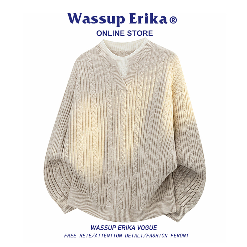 Wassup Erika Fake Two-Piece Apricot-Colored Loose Knit Sweater for Men, Autumn Simple Casual Style Pullover Top Wassup Erika Fake Two-Piece Apricot-Colored Loose Knit Sweater for Men, Autumn Simple Casual Style Pullover Top