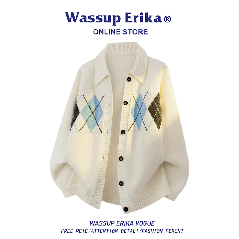 Wassup Erika American-Style Cardigan Sweater for Men, Autumn Turn-Down Collar, High-End, Super Nice-Looking Knitwear Jacket for Men