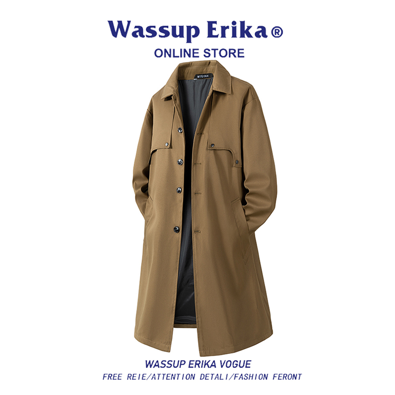 Wassup Erika British Style Mid-Length Coat for Men, New Autumn Over-The-Knee Loose Trench Coat with Lapel, Trendy Wassup Erika British Style Mid-Length Coat for Men, New Autumn Over-The-Knee Loose Trench Coat with Lapel, Trendy