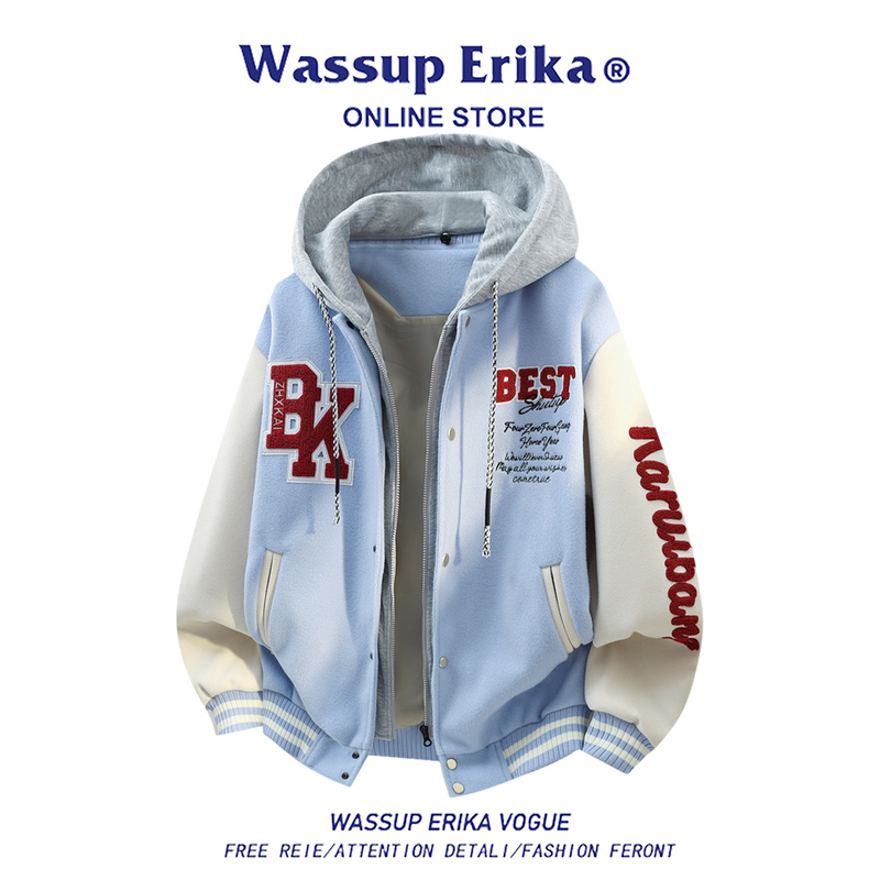 Wassup Erika American-Style Fake Two-Piece Letter Embroidery Patchwork Baseball Jacket for Men, Autumn Large Size Stylish Coat Wassup Erika American-Style Fake Two-Piece Letter Embroidery Patchwork Baseball Jacket for Men, Autumn Large Size Stylish Coat