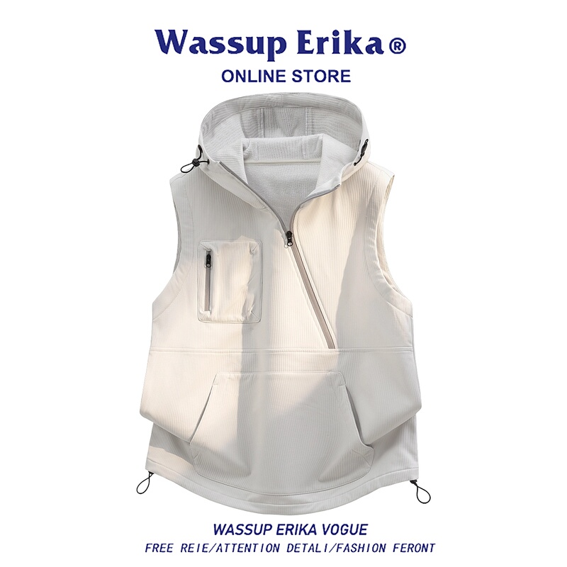 Wassup Erika American-Style Design Zip-Up Hooded Vest for Men, Loose-Fitting, Versatile Sports Vest for Autumn Wassup Erika American-Style Design Zip-Up Hooded Vest for Men, Loose-Fitting, Versatile Sports Vest for Autumn