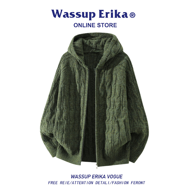 Wassup Erika Old Money Style Twist Pattern Solid Color Hooded Knit Sweater Men's Autumn Zipper Cardigan Jacket Wassup Erika Old Money Style Twist Pattern Solid Color Hooded Knit Sweater Men's Autumn Zipper Cardigan Jacket
