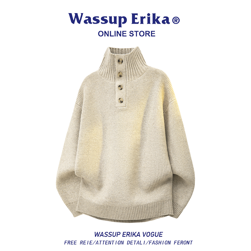 Wassup Erika Lazy Style Solid Color Buttoned Turtleneck Sweater Men's Autumn Thickened Warm Knitwear Jacket