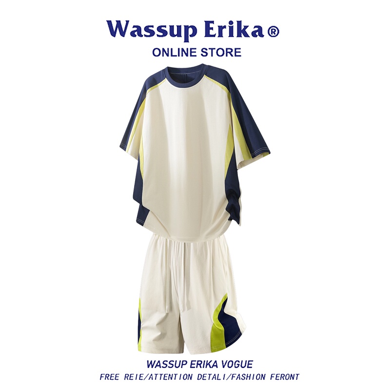 Wassup Erika Quick-Drying Short-Sleeved Men's Summer Loose Casual Cycling Sportswear Trendy Brand Contrasting Color Two-Piece Set Wassup Erika Quick-Drying Short-Sleeved Men's Summer Loose Casual Cycling Sportswear Trendy Brand Contrasting Color Two-Piece Set