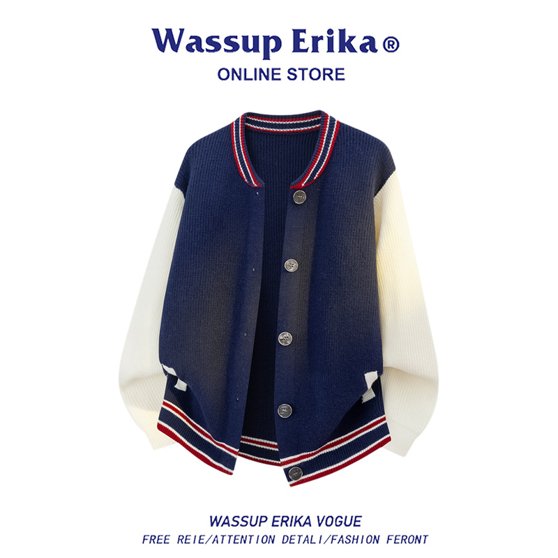 Wassup Erika Navy Blue Cardigan Sweater Men's Autumn 2026 New Casual Baseball Collar Knitted Jacket