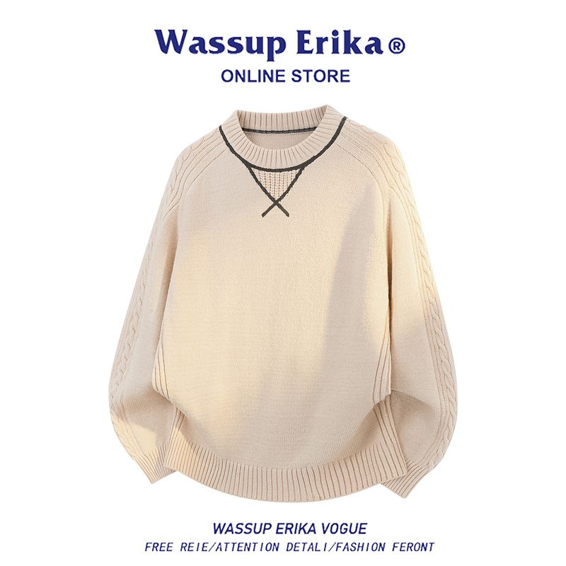 Wassup Erika Striped Color-Block Crew Neck Sweater Men's New 2026 Autumn Fashion Versatile Knitwear Trend