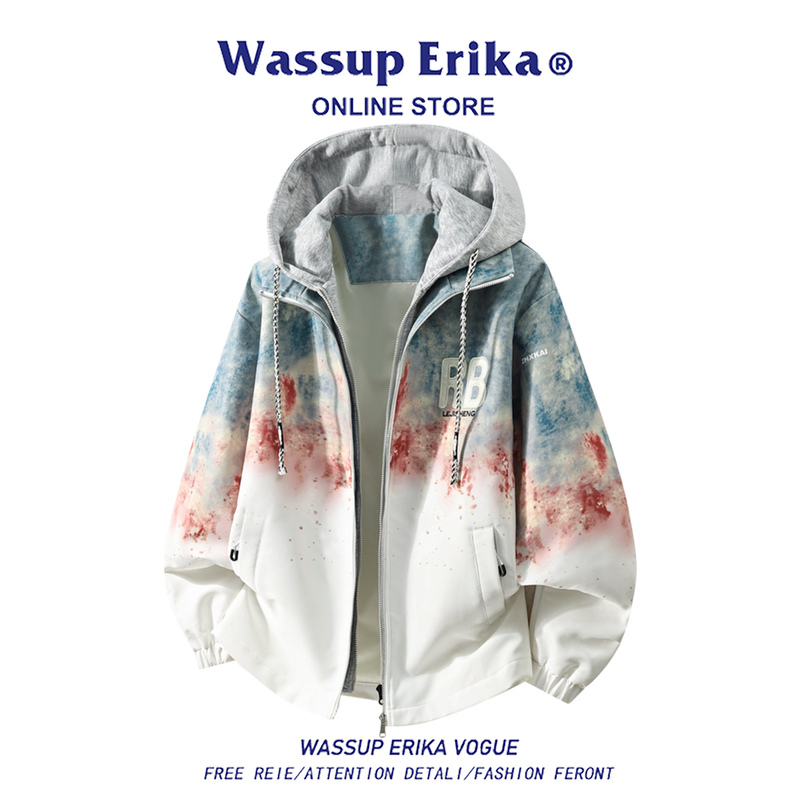 Wassup Erika Tie-Dye Gradient Fake Two-Piece Jacket for Men, Autumn 2026 New Trendy Brand Large Size Hooded Coat Wassup Erika Tie-Dye Gradient Fake Two-Piece Jacket for Men, Autumn 2026 New Trendy Brand Large Size Hooded Coat