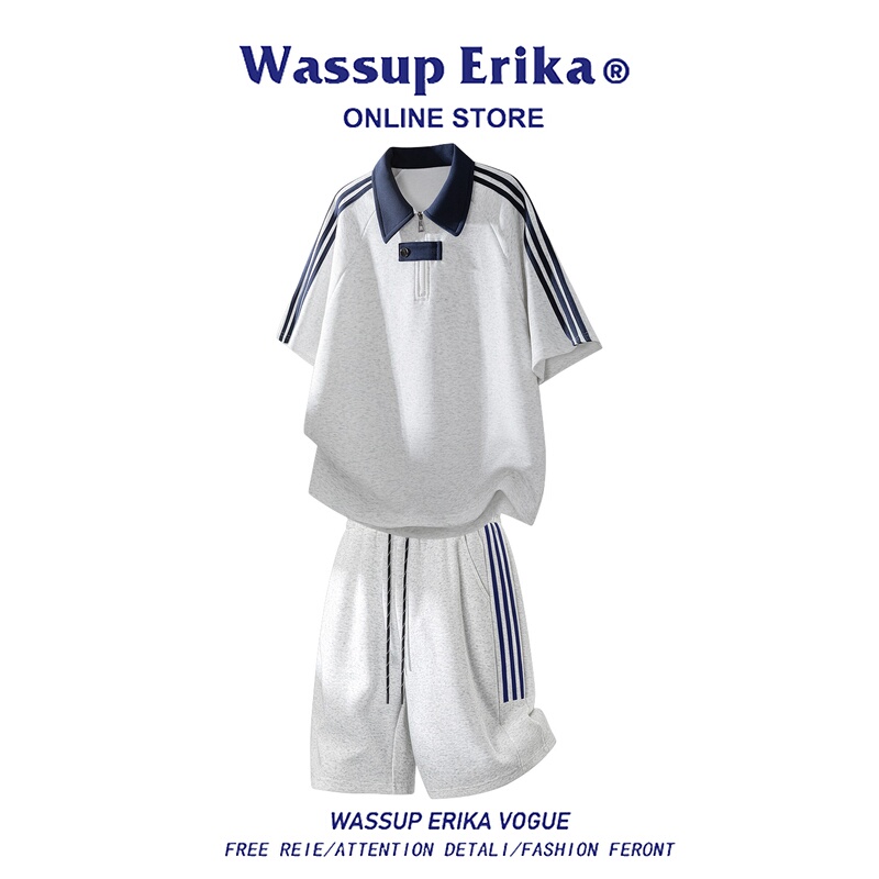 Wassup Erika American-Style Striped Casual Suit for Men, Summer Color-Blocked Lapel Short-Sleeve Shorts, Loose and Thin