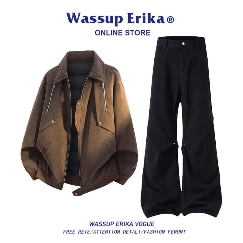 Wassup Erika American-Style Pu Leather down Jacket Men's Winter New Motorcycle Warm Windproof Suit