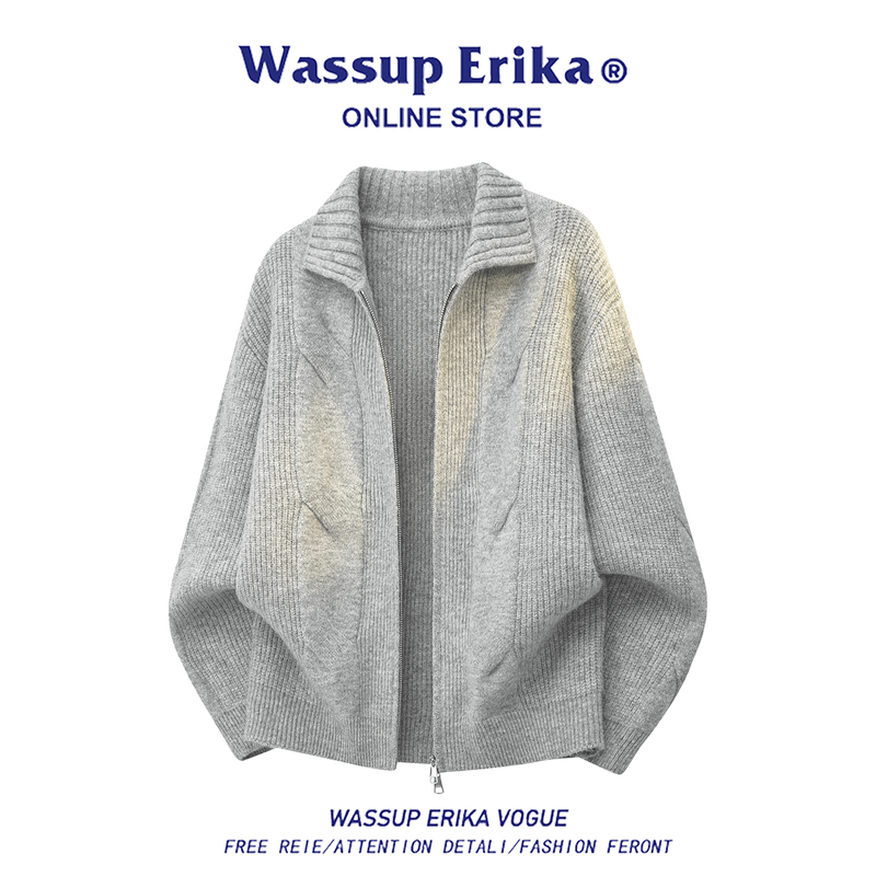 Wassup Erika Cardigan Sweater Men's Autumn High-End Lapel Zipper Casual Sheep Wool Knitwear Jacket Wassup Erika Cardigan Sweater Men's Autumn High-End Lapel Zipper Casual Sheep Wool Knitwear Jacket