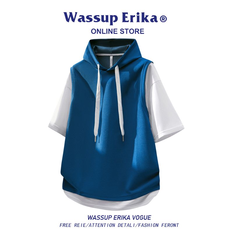 Wassup Erika Color-Blocked Hooded Short-Sleeve T-Shirt for Men, Summer Thin Breathable Fake Two-Piece Casual Sports Top