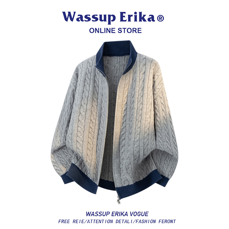 Wassup Erika Casual Style Stand-Up Collar Knit Sweater Men's Autumn Twist Pattern Cardigan Simple Casual Jacket
