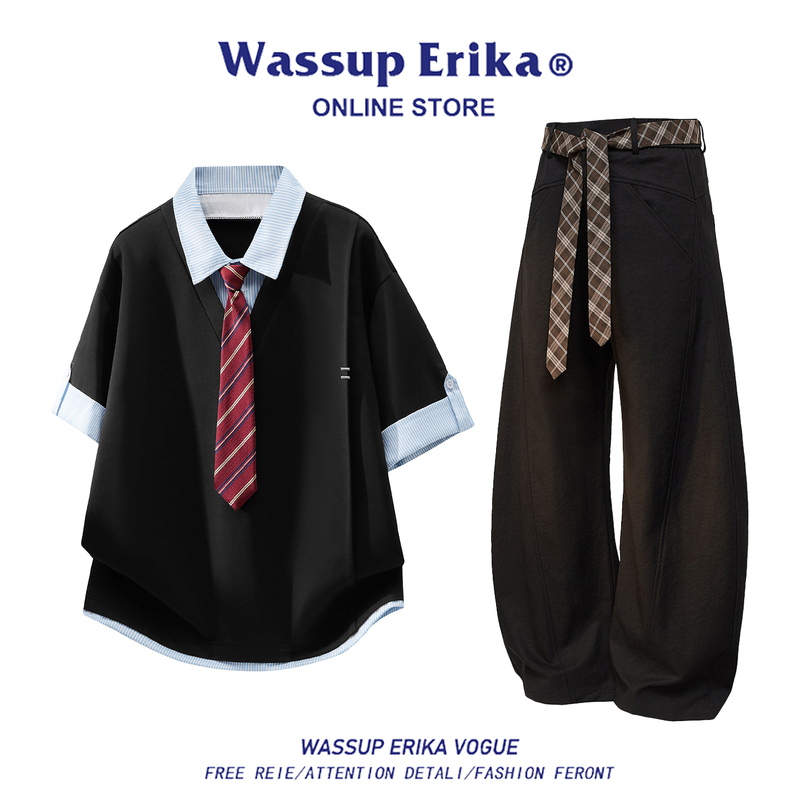 Wassup Erika Preppy Style Fake Two-Piece Shirt Set for Men, Summer Casual Short-Sleeve Tie Outfit for Boys Wassup Erika Preppy Style Fake Two-Piece Shirt Set for Men, Summer Casual Short-Sleeve Tie Outfit for Boys