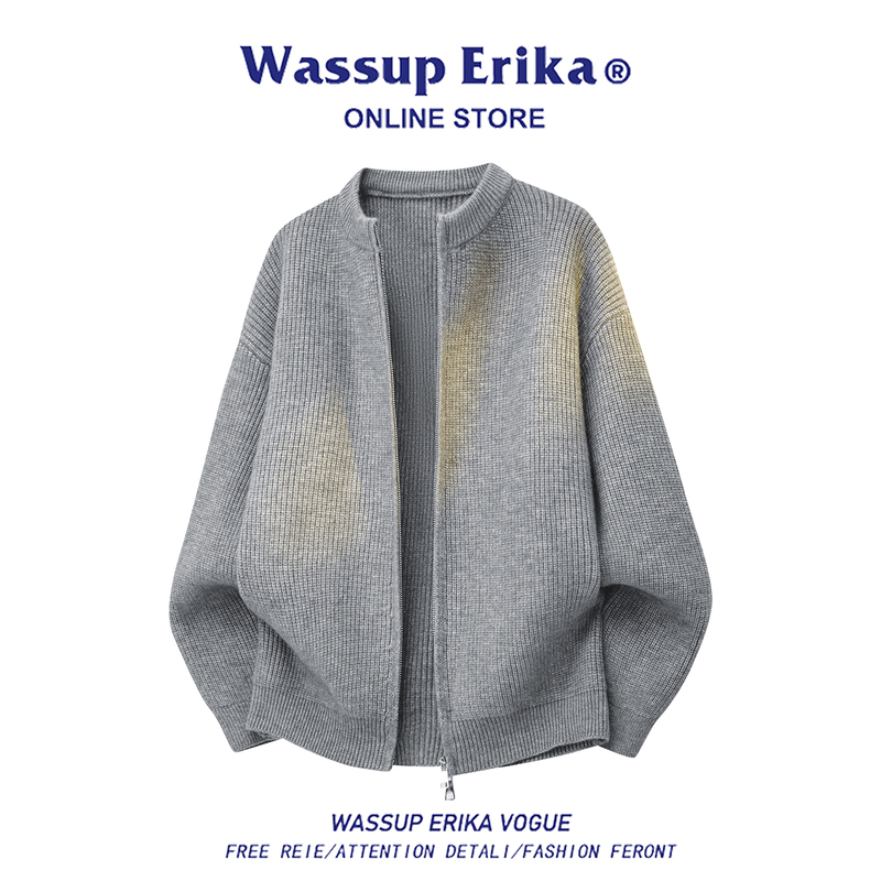 Wassup Erika Old Money Style Gray Round Neck Cardigan Sweater Autumn New Men's Casual Loose Jacket Trend