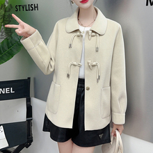 High end double-sided plush coat women's short 2023 autumn/winter new cowhide button small stature wool loose coat