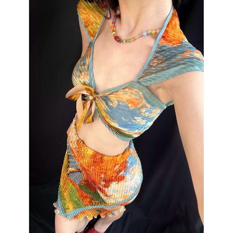 Summer Dopamine Art Hottie Beach Vacation Two-Piece Lightweight Pleated Suit Split Swimsuit Bikini