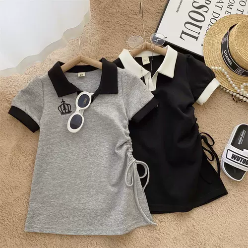 Модное летнее платье-футболка для принцессы, летняя одежда, платье, воротник поло, подходит для подростков