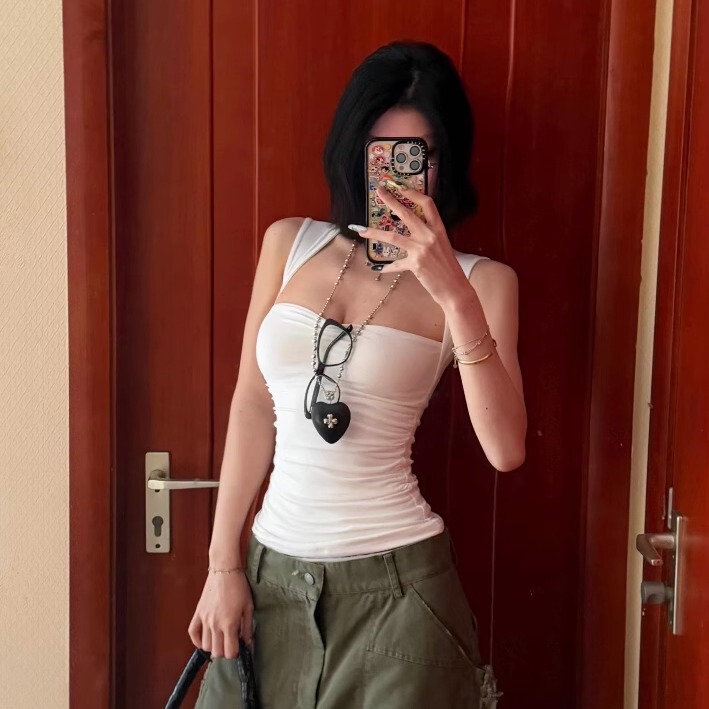 American Retro Square-Neck Camisole for Women, Summer Slim-Fit Waist-Cinching Outerwear, Elastic Sleeveless Inner Top