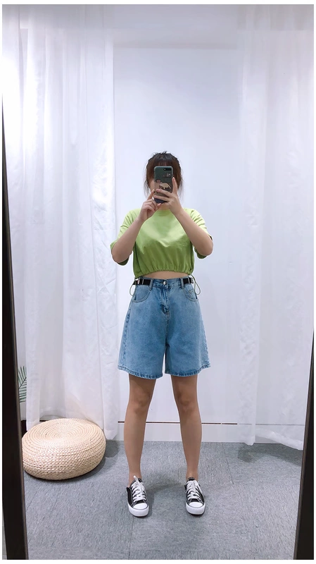 Wu Datong gella2020 mùa hè eo cao đã mỏng chân rộng năm điểm quần short denim thắt lưng eo quần thẳng nữ - Quần short