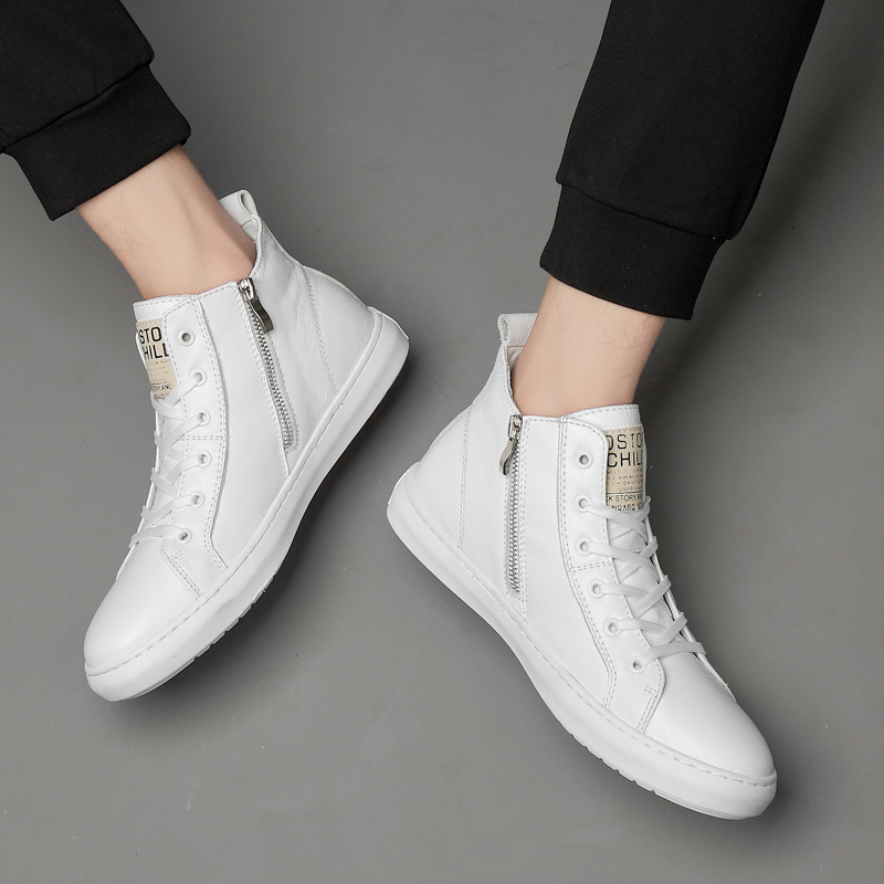 First-Layer Cowhide Men's Shoes, Autumn and Winter High-Top Casual Leather Shoes, Men's Lace-Free White Shoes, Lazy Mid-Top Sneakers