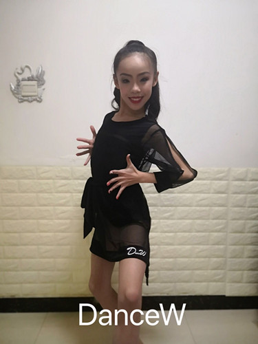 Dans dance children's Latin dance advanced practice clothes two-piece inner body suit outer net coat eighth-sleeve performance professional