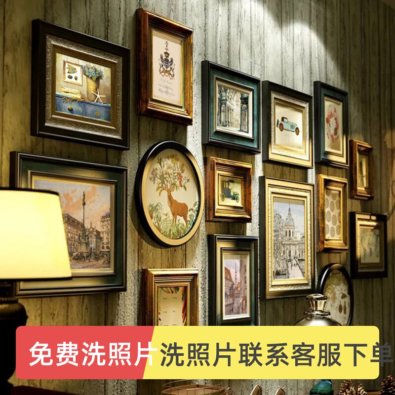 Solid Wood Photo Wall, American-Style Living Room and Dining Room Background Wall, Photo Wall, Light Luxury Photo Frame, Wall-Mounted Vintage Picture Frame Combination