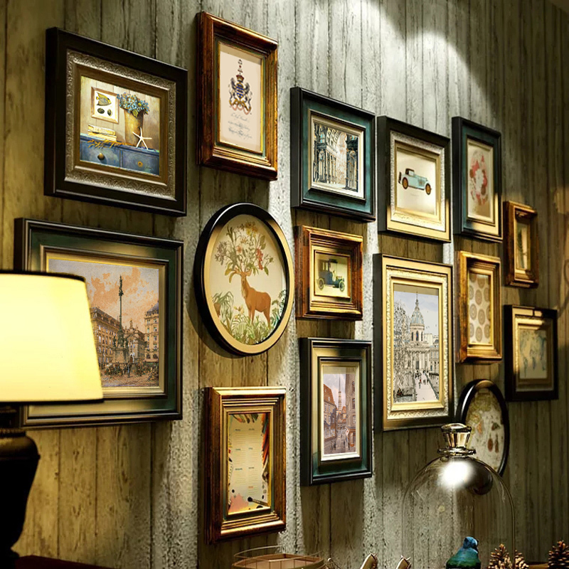Solid Wood Photo Wall, American-Style Living Room and Dining Room Background Wall, Photo Wall, Light Luxury Photo Frame, Wall-Mounted Vintage Picture Frame Combination