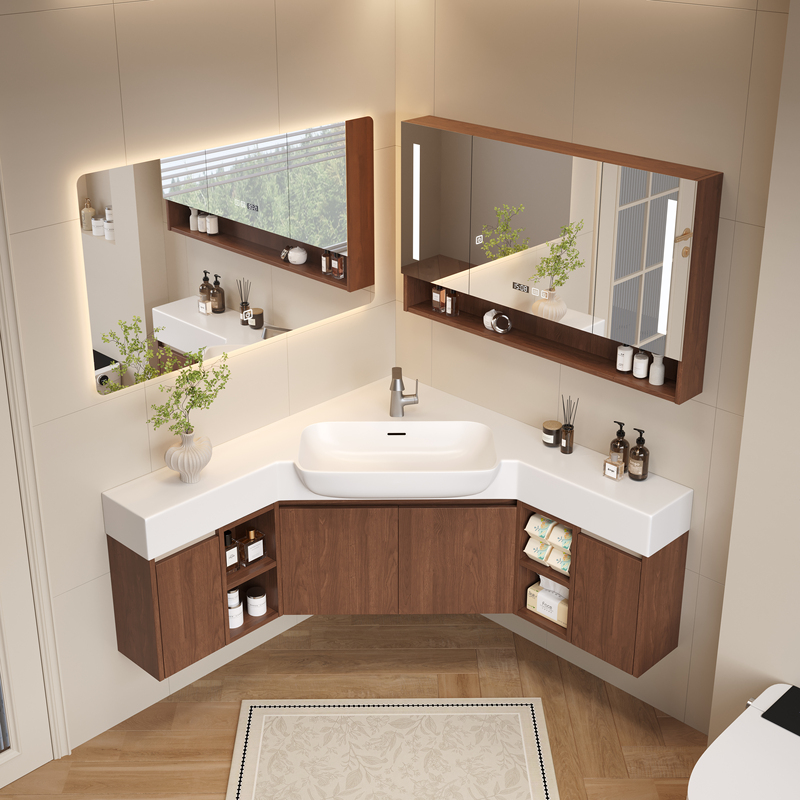 Medieval-Style Small Apartment Corner Bathroom Cabinet with a Beautiful Stone Integrated Basin, Airplane Basin Bathroom Cabinet Combination, Handwashing and Washing Station Medieval-Style Small Apartment Corner Bathroom Cabinet with a Beautiful Stone Integrated Basin, Airplane Basin Bathroom Cabinet Combination, Handwashing and Washing Station