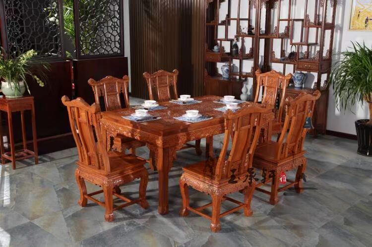 Yu Cheng Xuan gỗ gụ đồ nội thất Trung Quốc cổ điển Châu Phi gỗ hồng mộc Miến Điện gỗ hồng mộc Ganoderma lucidum pasta bàn ăn và ghế Bàn ăn phương Tây - Bộ đồ nội thất đồ nội thất thông minh