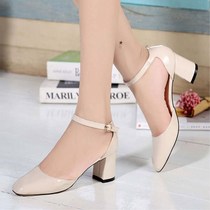 2018 summer new real sheepskin square head medium heel sandals womens thick heel large size casual work shoes professional shoes