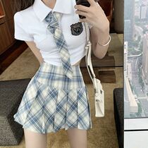 Net red nightclub sexy JK suit womens summer 2020 college style Polo shirt short high waist check pleated skirt short skirt