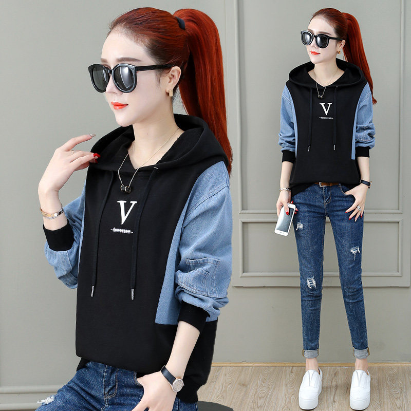 Denim Splicing Thick T-Shirt Woman Tide ins2022 New Early Autumn Thin Section Student Temperament Chic Tandem Cap 100 Lap Jacket