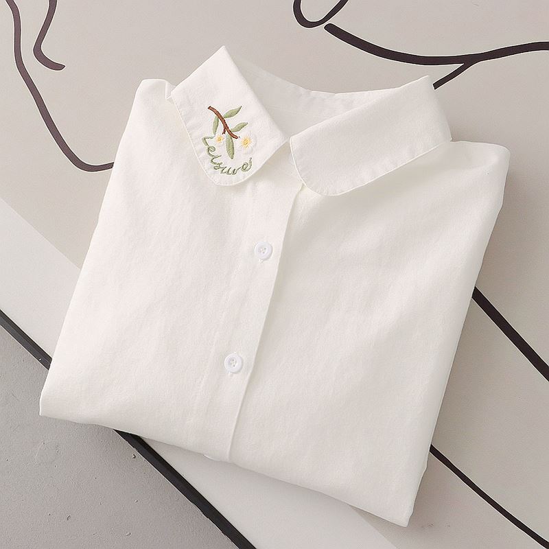 2026 Spring and Autumn New Style Petite White Shirt for Women, Loose Fit, Embroidered, High-End Feel, Brushed Pure Cotton Base Shirt