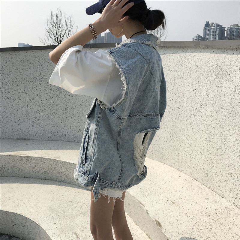 phiên bản Hàn Quốc phụ nữ mùa xuân của lỗ cá tính làm woolside cũ lỏng denim jacket tay sinh viên áo khoác vest